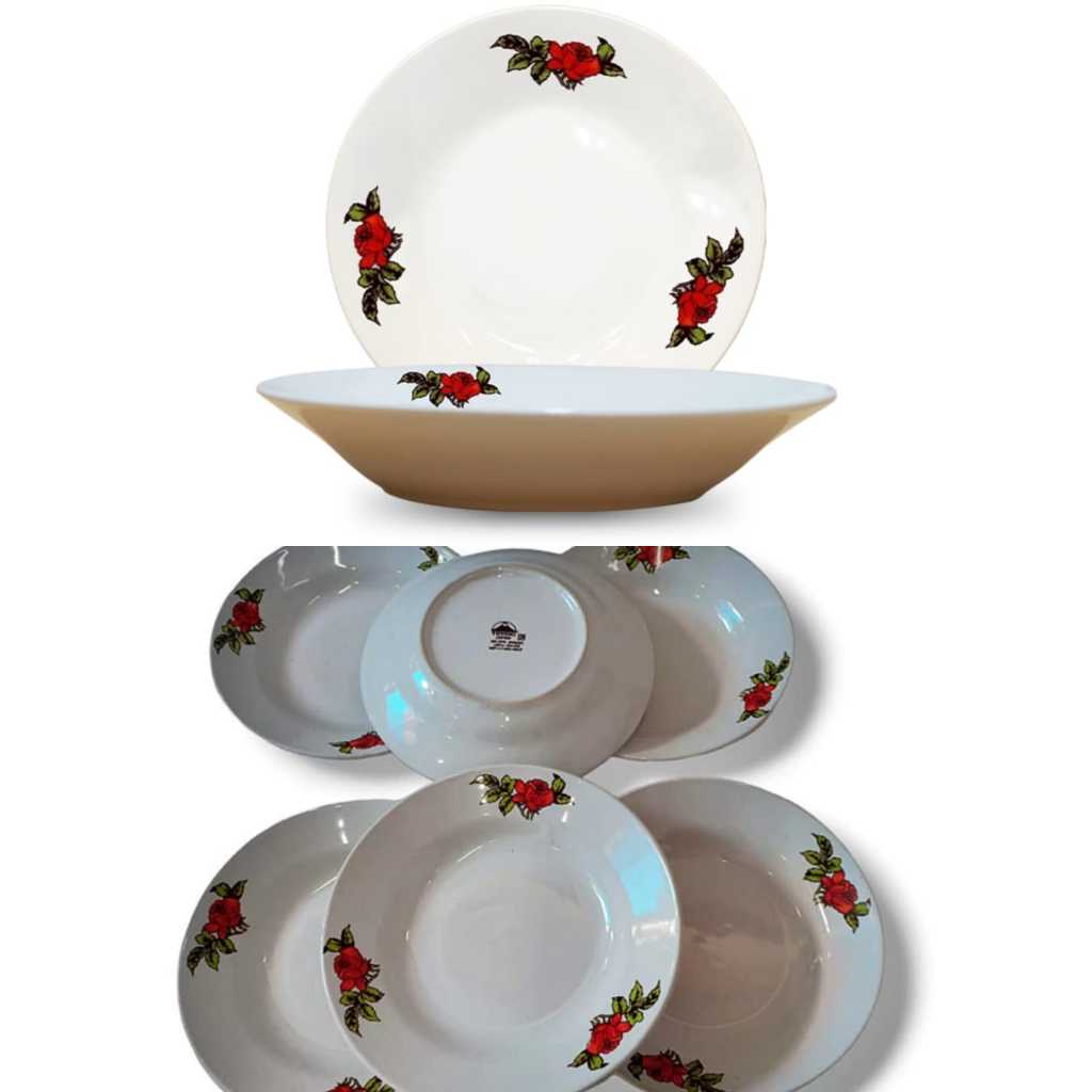 Grosir Piring Keramik Bunga 12 pcs-Piring makan keramik Lucky putih motif kembang MERAH - Piring Ser