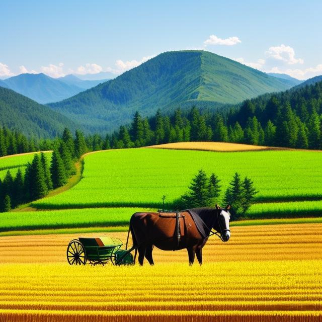 Lukisan Pemandangan Alam Sawah dan Pegunungan Saat Panen dengan Gaya Minimalis