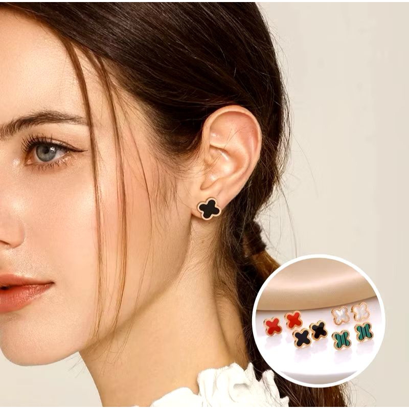 Anting Titanium Wanita Anti Karat Perhiasan Perempuan Korea Anti Luntur Model Clover Kerabu Viral