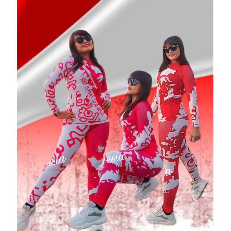 SET BAJU SENAM WANITA MERAH PUTIH SXB SPORT BAJU LENGAN PANJANG DAN LEGGING SENAM/AEROBIC/ZUMBA/GYM/