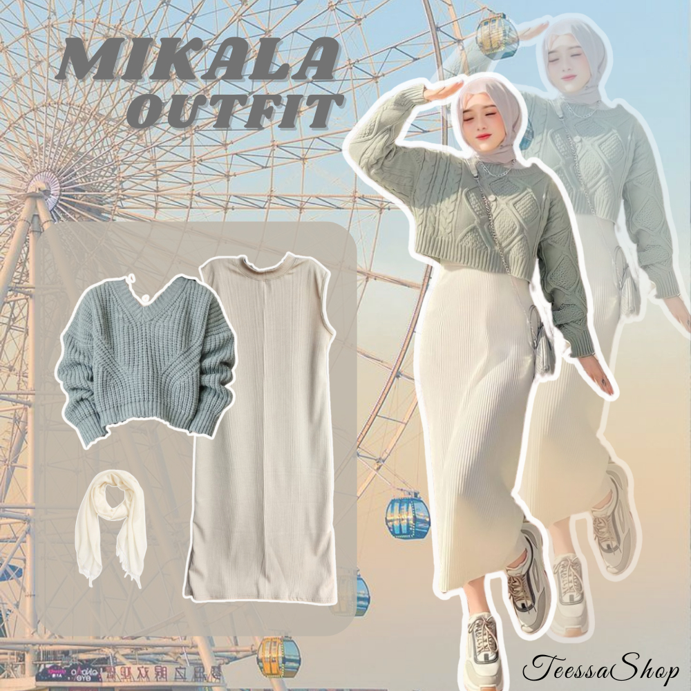 MIKALA OUTFIT 3IN1 FREE HIJAB OOTD RAJUT KOREAN STYLE SETELAN HIJAB REMAJA