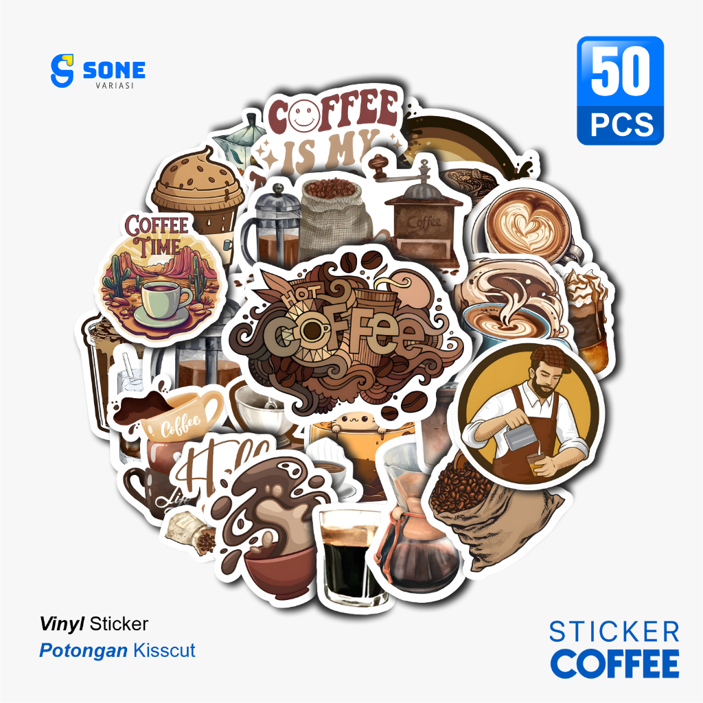

Stiker Pack Coffee Aesthethic Vinyl Waterproof untuk Sticker Buku Journal Casing HP Laptop Tumbler