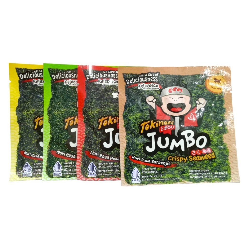 

Nori Rumput Laut Seaweed Snack Sheet Tokinori Jumbo Crispy BBQ Original Ayam Spicy 4 Gram (Satuan)