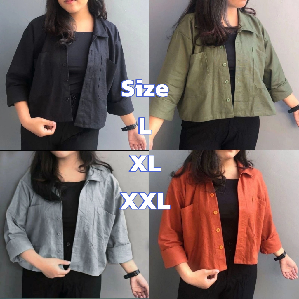 Baju Atasan Kemeja Hem Shirt Katun Crop Top Kuliah Kampus Hitam Army Abu Abu Pink Biru Langit Teraco