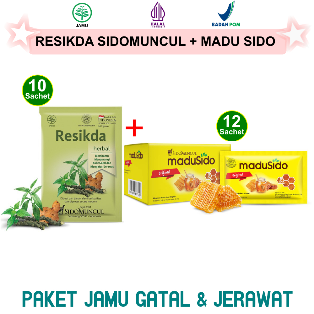 PAKET OBAT HERBAL JERAWAT GATAL KULIT PRIA WANITA : JAMU RESIKDA 10 SACHET SIDOMUNCUL dan MADU SIDO 
