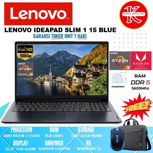 Laptop Gaming Lenovo Ideapad Slim 1 15 AMD Ryzen 3 Ram 8Gb ssd 512gb Blue