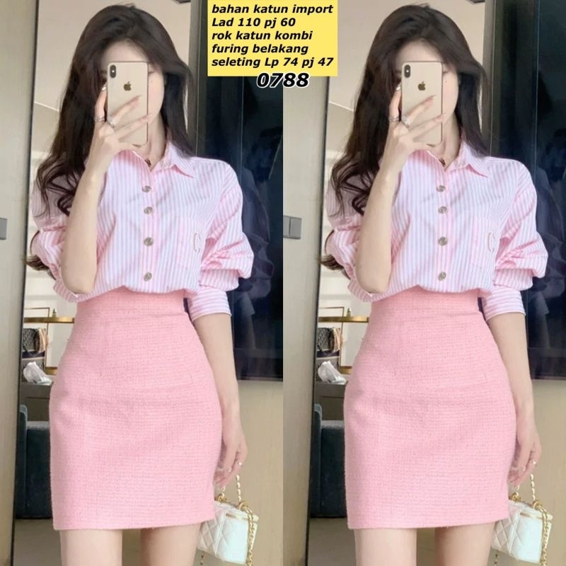 0798 Setelan kemeja salur rok rajut setelan korean style