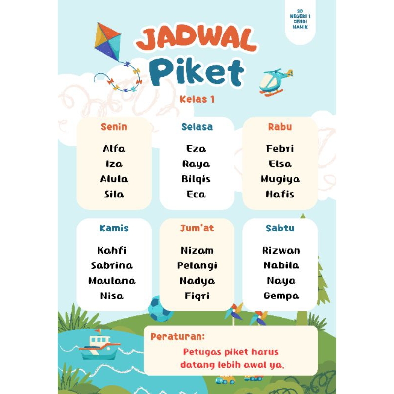 Poster Kelas A3 Jadwal Piket / Jadwal Pelajaran