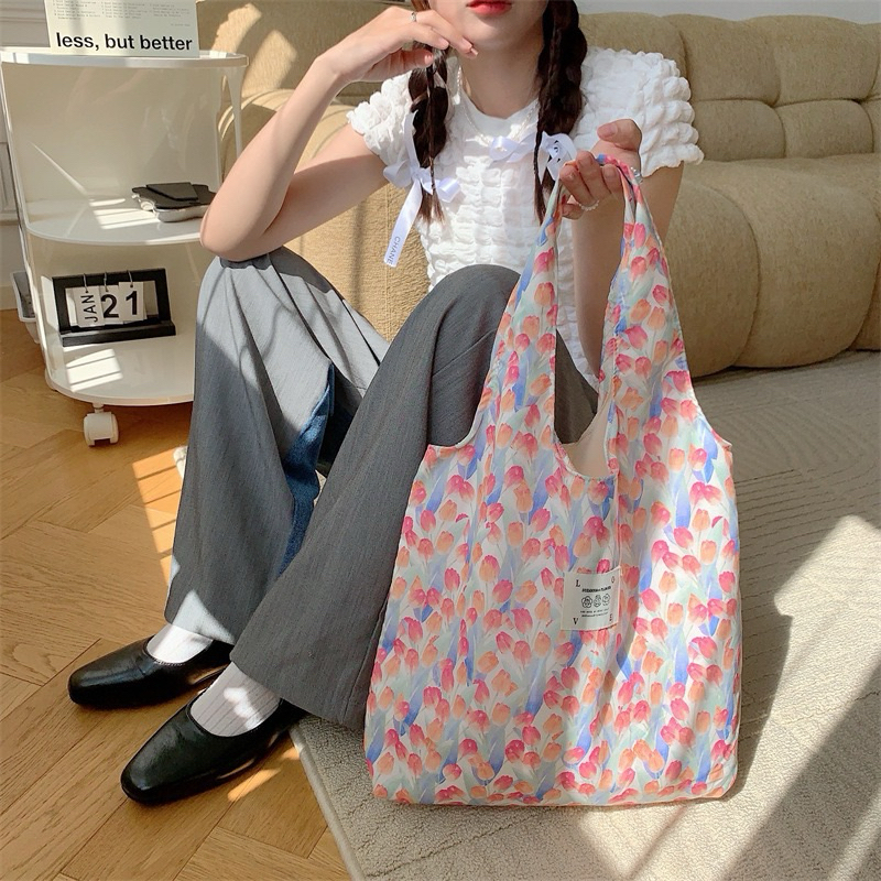 CLV 12.12 Buy1Get1 All 20% off Tas Tote Kain Besar Laptop A4 Bunga Kitak Garis Kotak Pink Biru Hitam