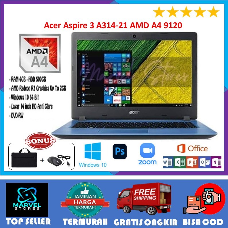 LAPTOP Acer Aspire 3 A314-21-AMD A4-9120 / RAM 4GB - HDD 500GB / Win 10 / 14" Inch / BONUS (MOUSE/TA