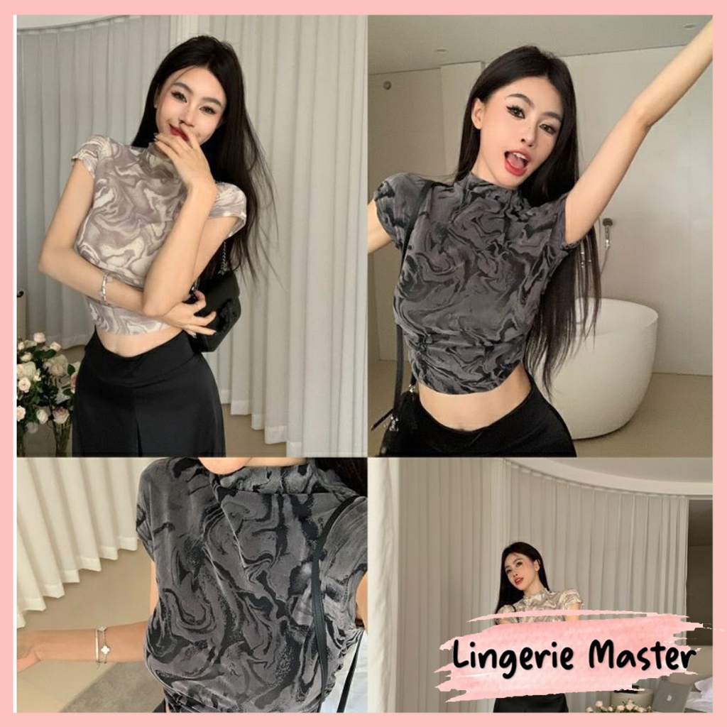 [ LINGERIE MASTER ] - (T-148) Crop Top Marble Short Sleeve Pakaian Atasan Wanita Import