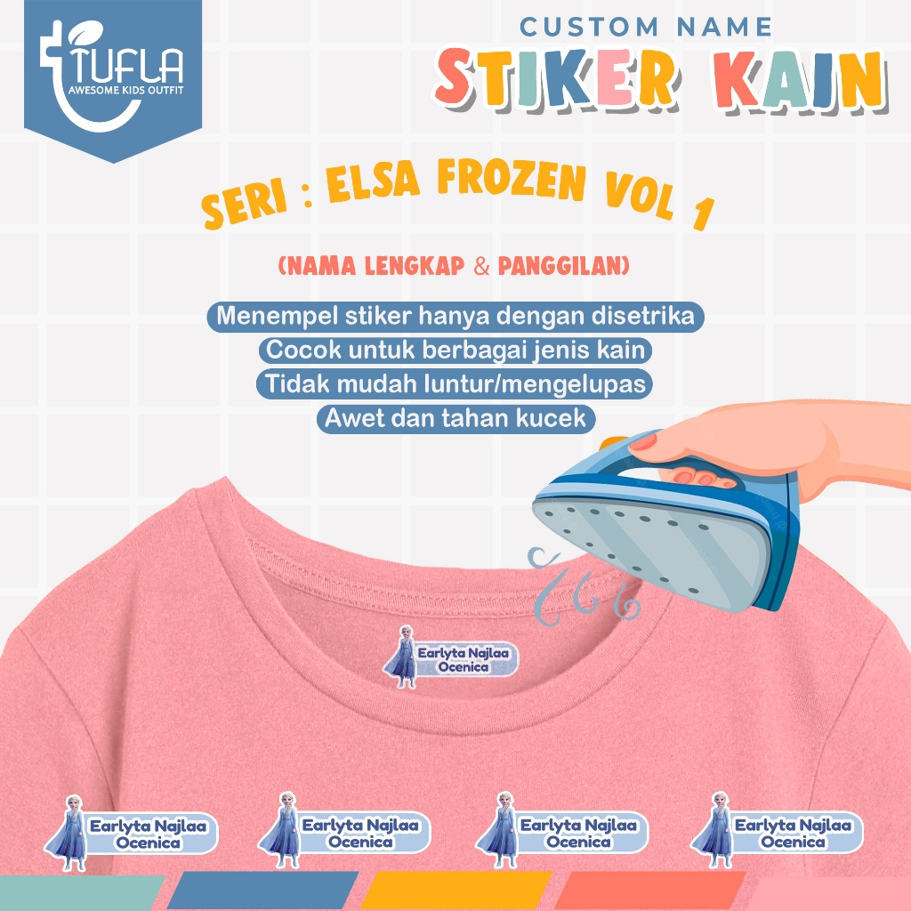 

[ISI 24-62pcs] Stiker Custom Nama Baju Dan Kain Anak Tinggal Setrika Untuk Label Seragam Sekolah Pesantren Asrama Ukuran A4 Karakter ELSA FROZEN VOL 1