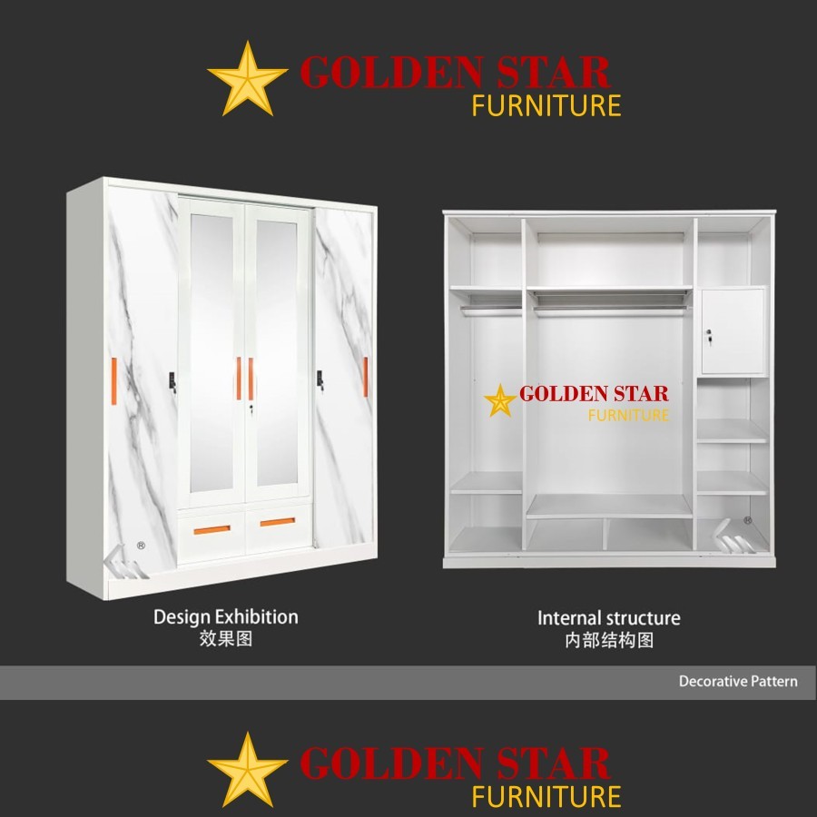 Lemari Pakaian Besi 4 Pintu Golden GS408 Sliding Swing Besar 1,6 Meter Motif Marble Putih Marmer MIi
