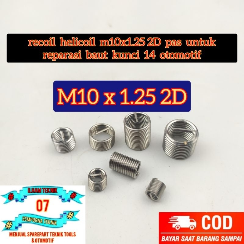 10pcs recoil helicoil m10x1.25 2D pas untuk reparasi baut kunci 14 otomotif
