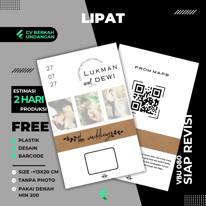 Undangan Pernikahan Lipat Termurah Pakai Foto Simple Elegan Tema Rustic Vintage VBU 080