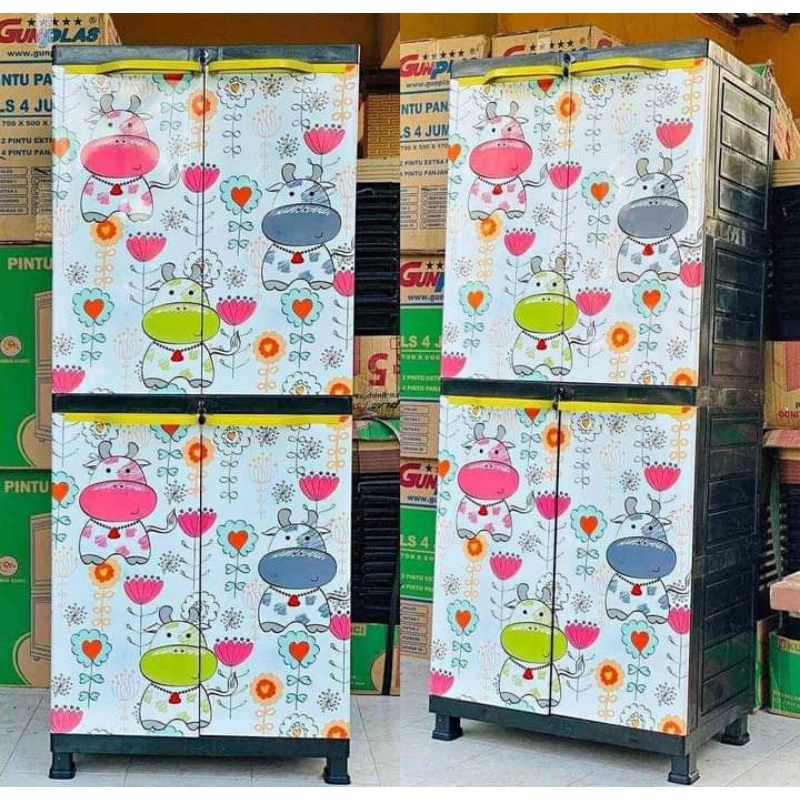 Lemari 4 susun GUNPLASS/lemari plastik ada kunci kaca/lemari GUNPLASS 4 susun printing ada kunci/gam