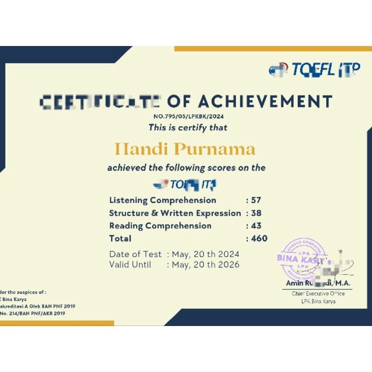 

KODE M72J TOEFL ITP Komputer Sertfikat Resmi File Pdf Free Ongkir