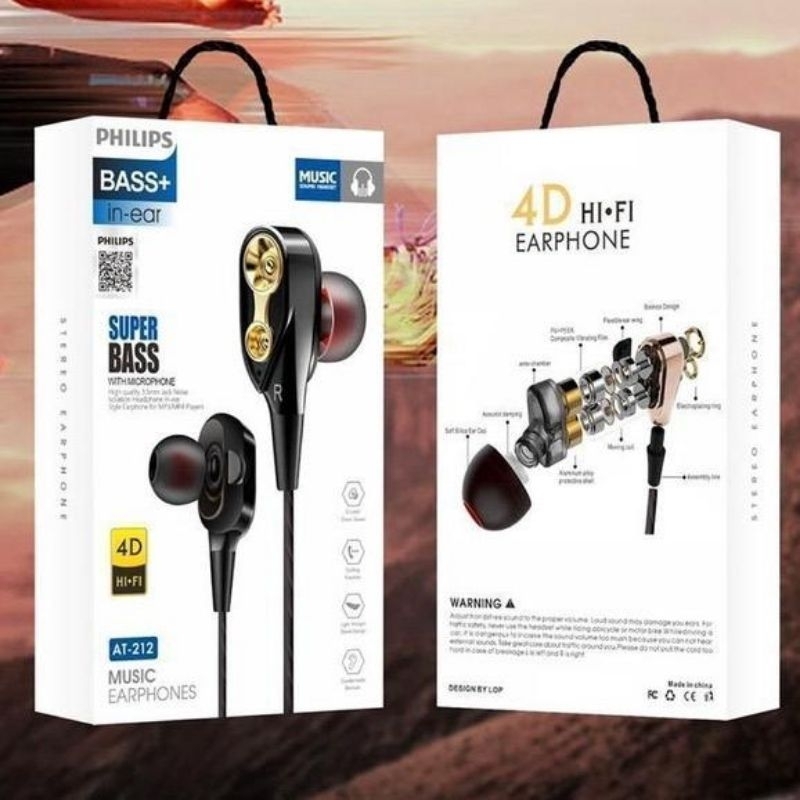 Headset Philips AT212 4D Super Bass gaming daily earphone stereo music with microphone In Ear Hi-Fi 