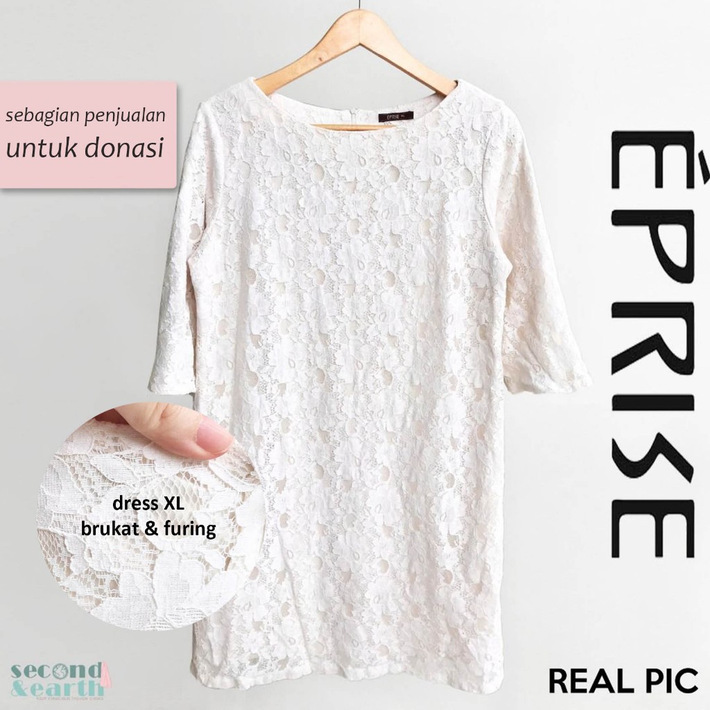 LIKE NEW Eprise Midi Dress (L-XL) Lace Dress Premium Ivory Terusan Kerja Lurus Lengan 3/4 Bahan Brok