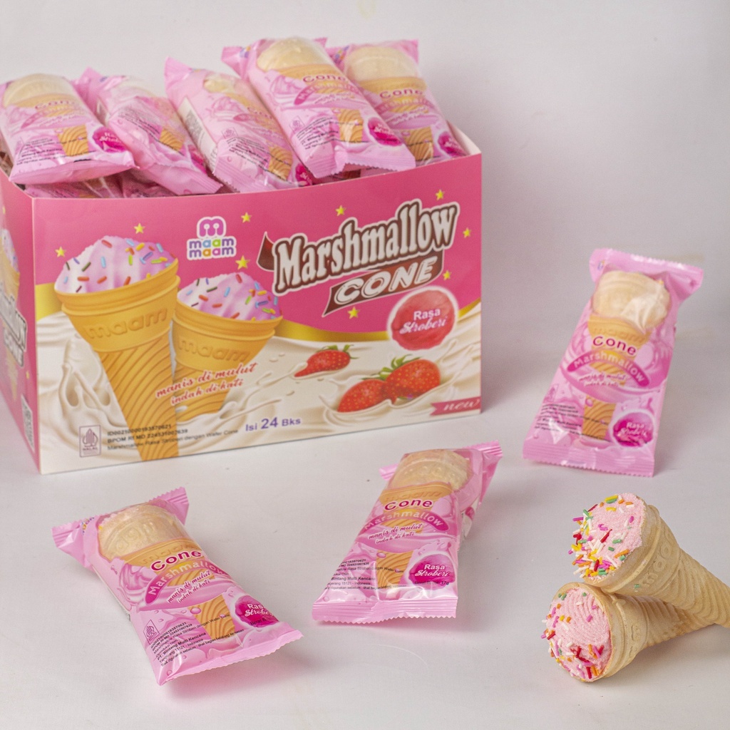 

MAAM MAAM MARSHMALLOW Cone Rasa Strawberry / Vanila / Cokelat Wafer Cone Snack @17 gr