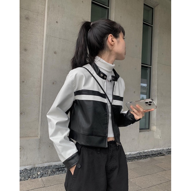 jaket kulit konser BTS suga crop unisex racing leather jacket stripe