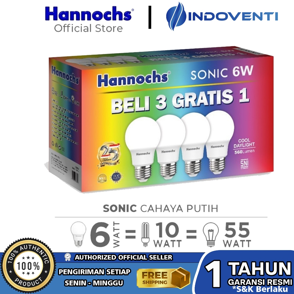 HANNOCHS Lampu Bohlam LED Bulb 3+1 Sonic ALFA 6W 10W 13W Watt Putih