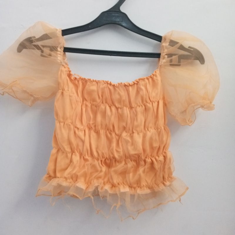 baju,top,sabrina,organza,kerut,lengan,pendek,polos,atasan,wanita,korean,style