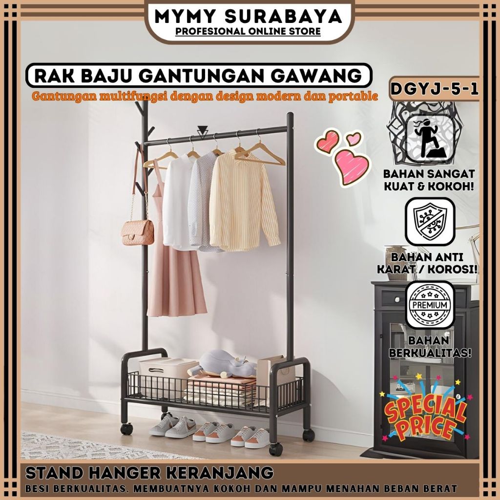 MYMY.SURABAYA Stand Hanger Besi Rak Penyimpanan Multifungsi Rak Baju Gantungan Gawang Baju Besi Jemu