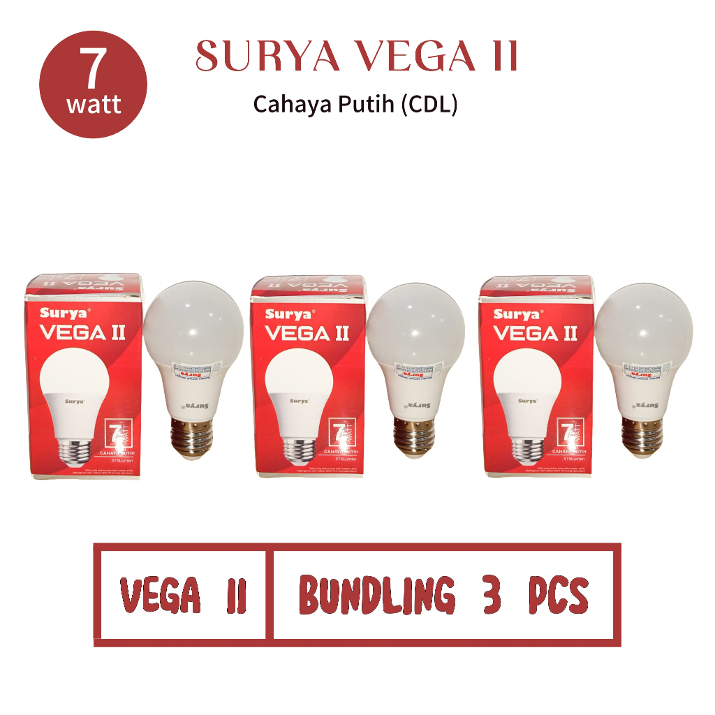 Surya Vega II  Lampu Bohlam LED 7 Watt Super Terang Hemat Energi Cahaya Lampu Putih PAKET ISI 3Pcs -