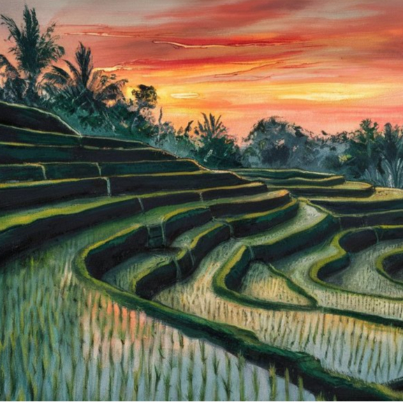 Lukisan Menyambut Fajar di Sawah Terasering Ubud Bali