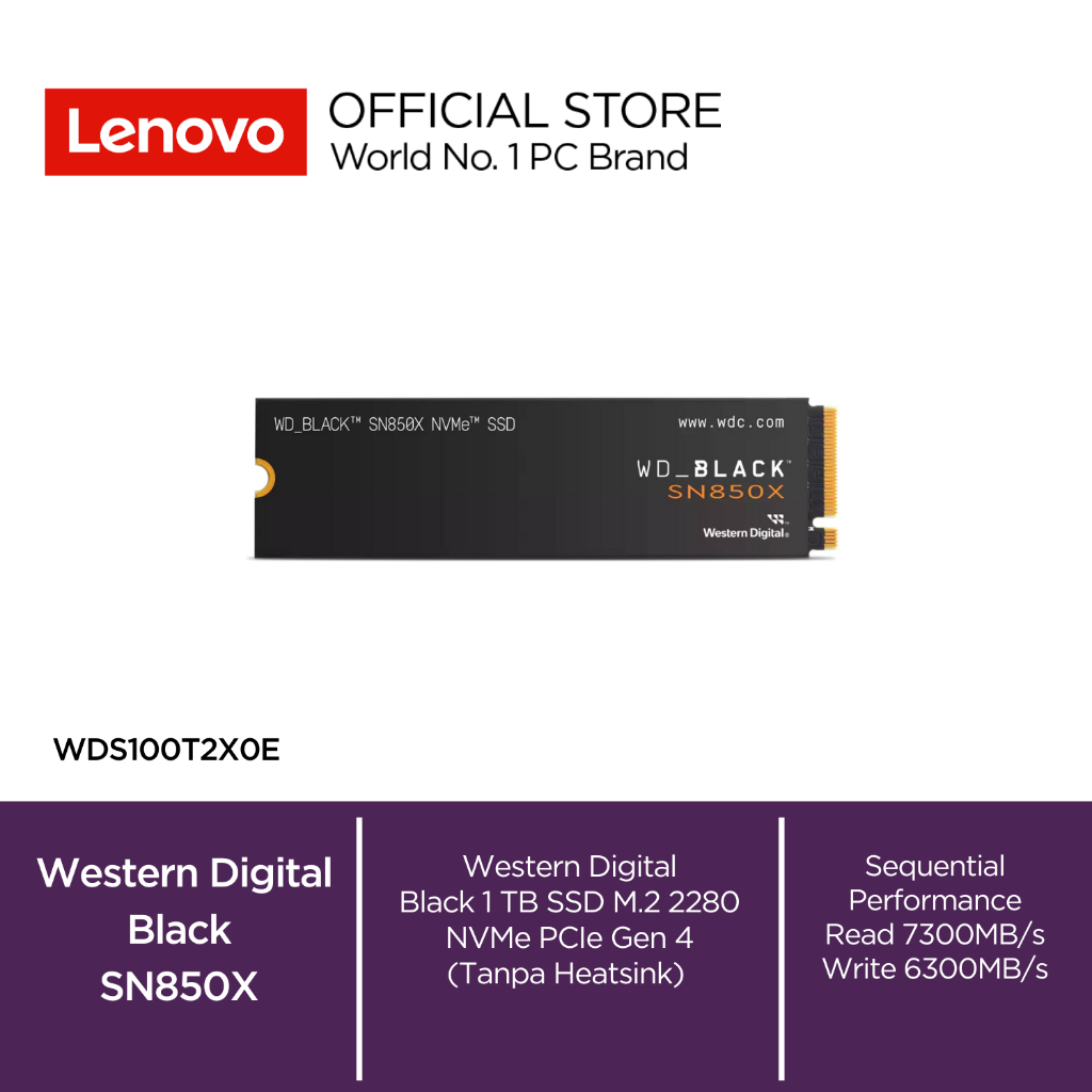 Western Digital WD Black SN850X 1TB SSD M.2 2280 NVMe PCIe Gen 4 WDS100T2X0E Tanpa Heatsink Sequenti