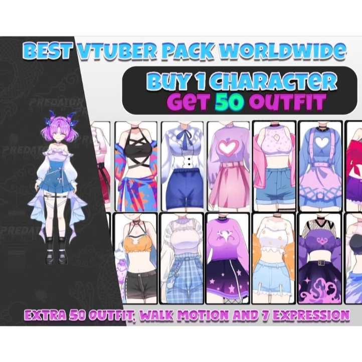 Vtuber Live2D Paket Komplit: 1 Karakter dengan 50 Outfit, Vtuber Komisi, Live2D Model, Vtuber Outfit
