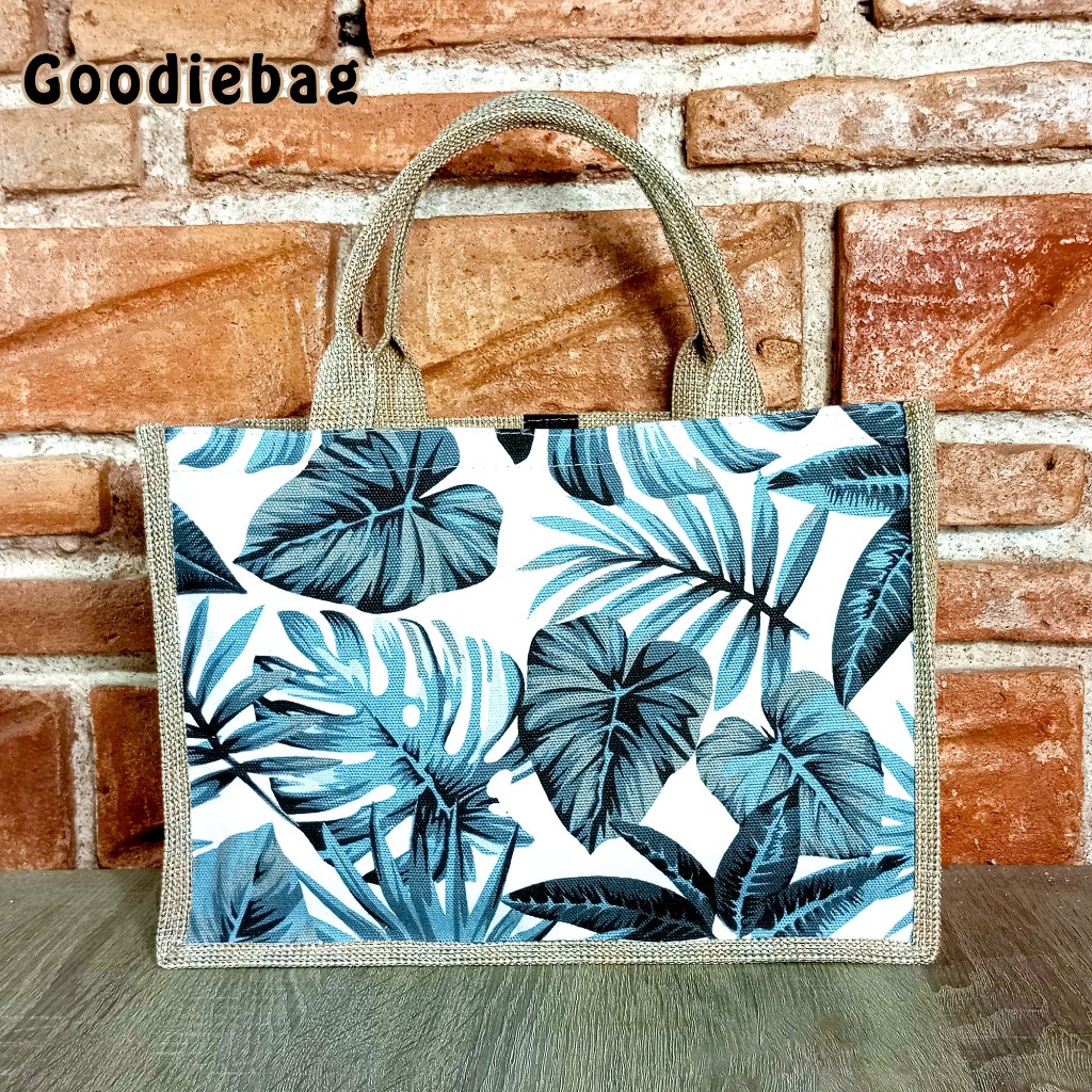 TOTE BAG GONI MONSTERA PUTIH BAHAN GONI UKURAN BESAR - TAS GONI / TOTE BAG WANITA