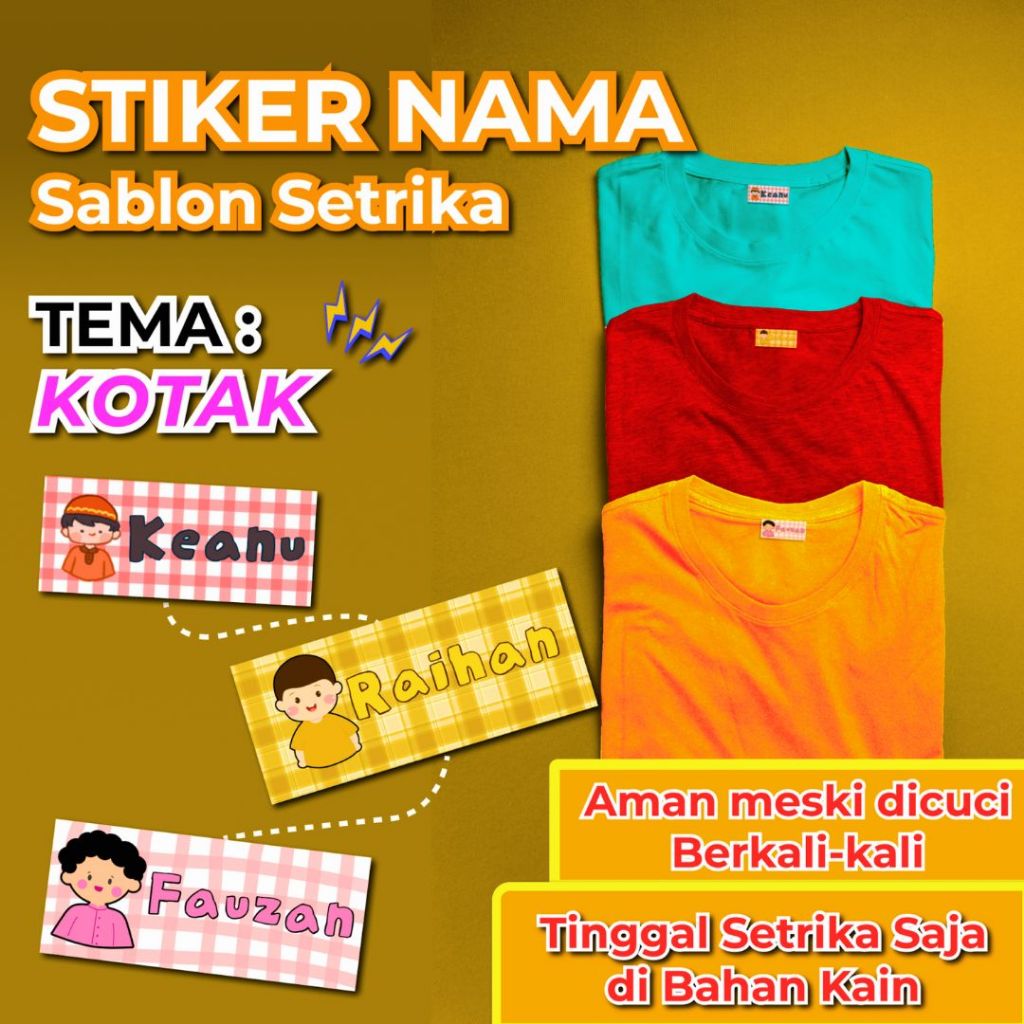 

(BORDER KOTAK) Stiker Custom Kain Baju Kaos Anak, Stiker Nama Label Waterproof - Sticker Kain Baju