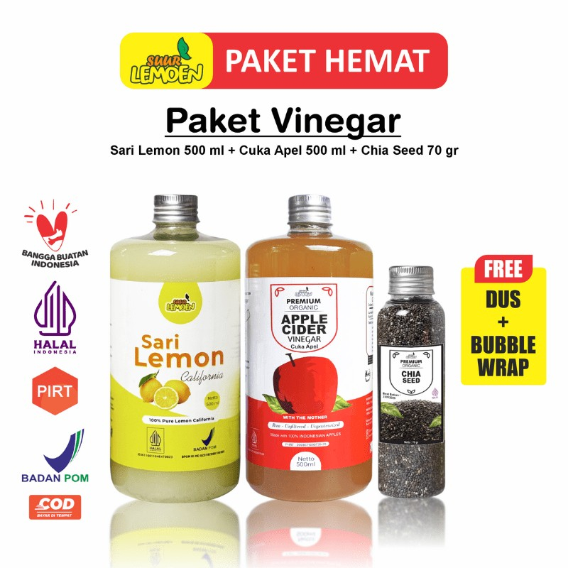 

MINUMAN Diet Sehat - Cuka Apel 500ML, Sari Lemon Murni 500ML, dan Chia Seeds 70Gr - By Suur LemoenID