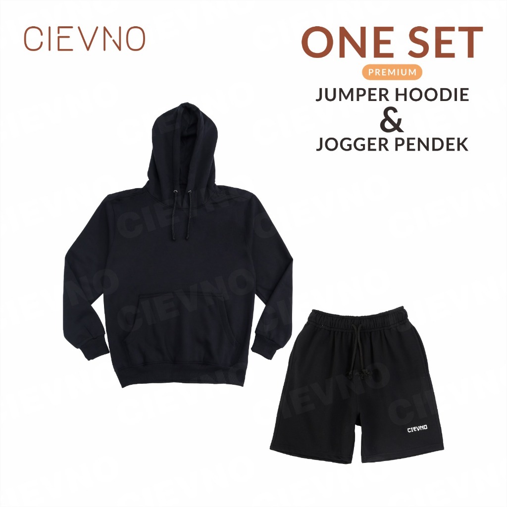 ONE SET HOODIE JUMPER + CELANA PENDEK PREMIUM HITAM ( PRIA & WANITA )