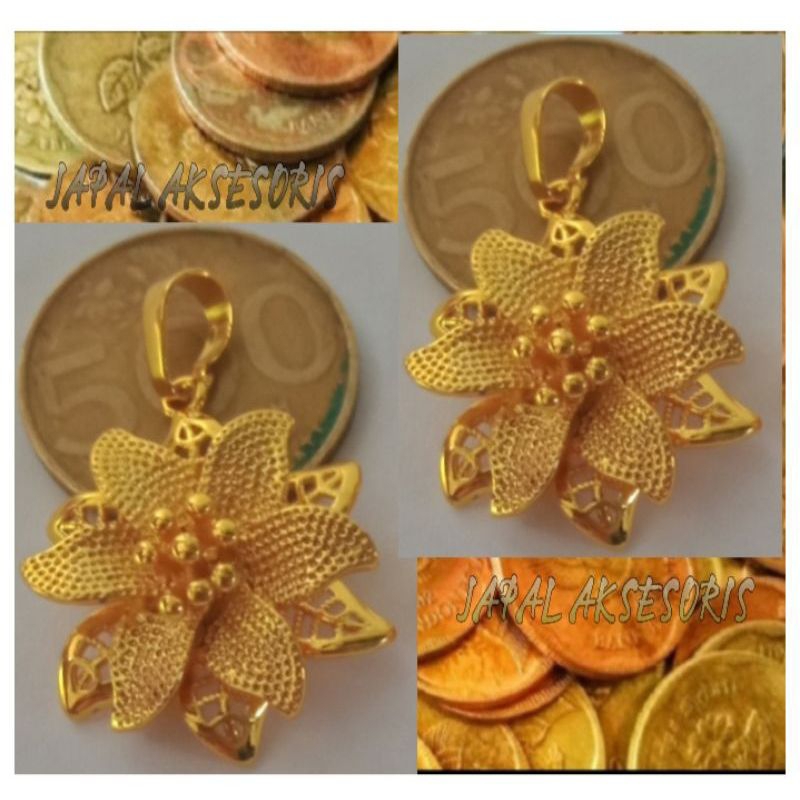BANDUL KALUNG MOTIF BUNGA TERBUAT DARI BAHAN KOIN LOGAM LAPIS EMAS TAHAN KARAT