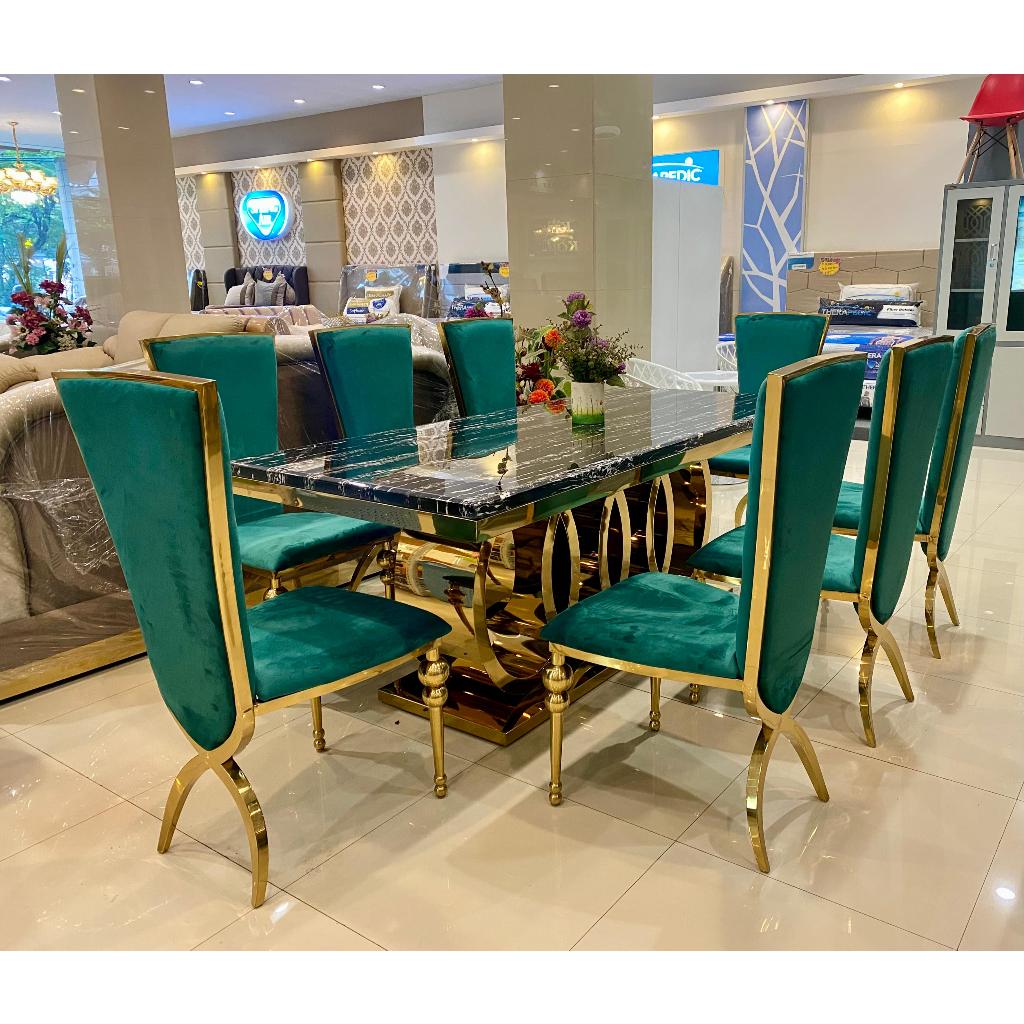 Meja Makan 8 Kursi H888 Marmer Stenlis Gold Uk 200 ready makassar