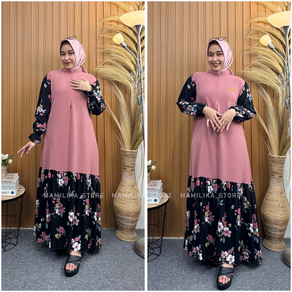 Kanaya Dress Gamis Rayon Motif Crinkle Airflow Busui Friendly