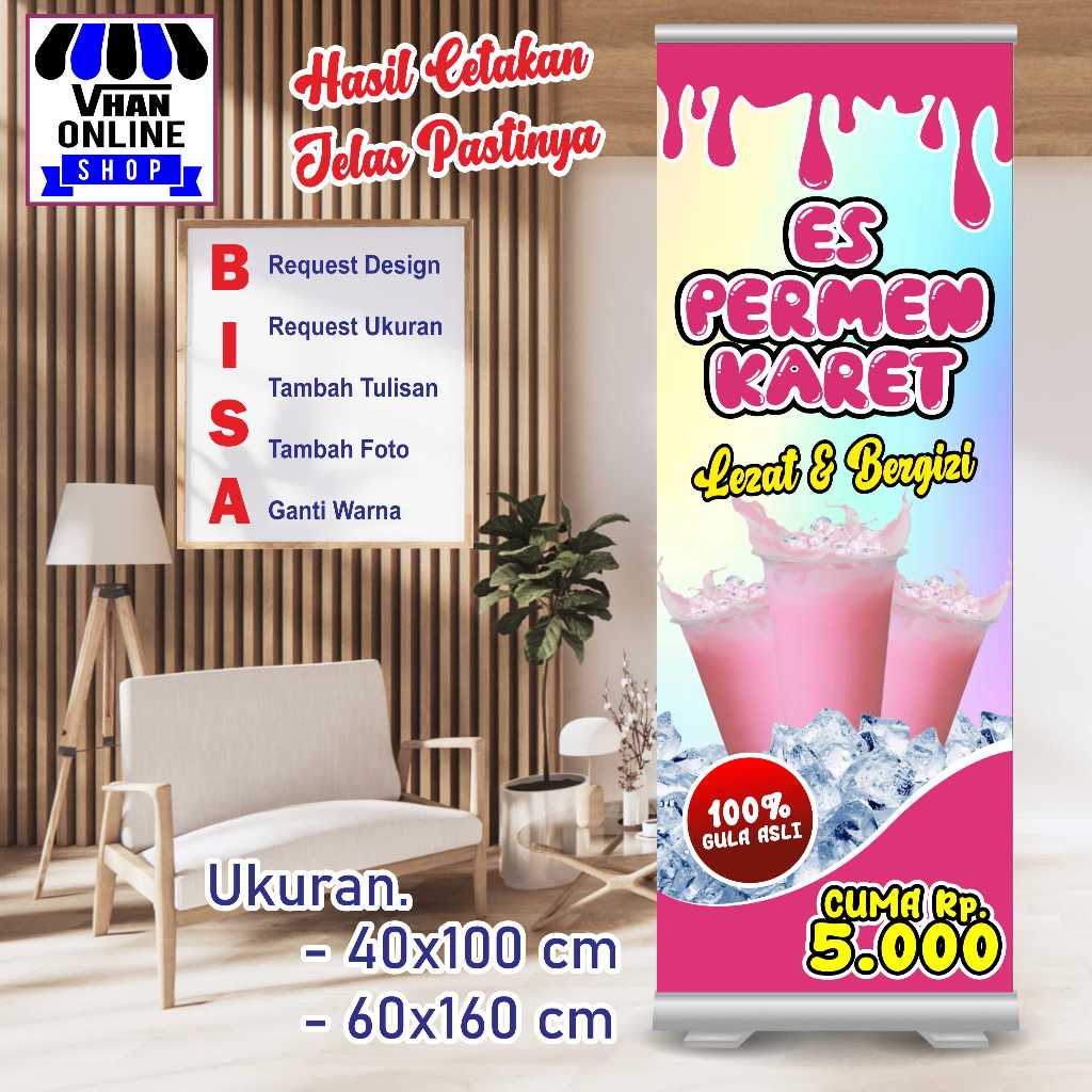 Banner Spanduk MMT Es Permen Karet Pink bagus Murah