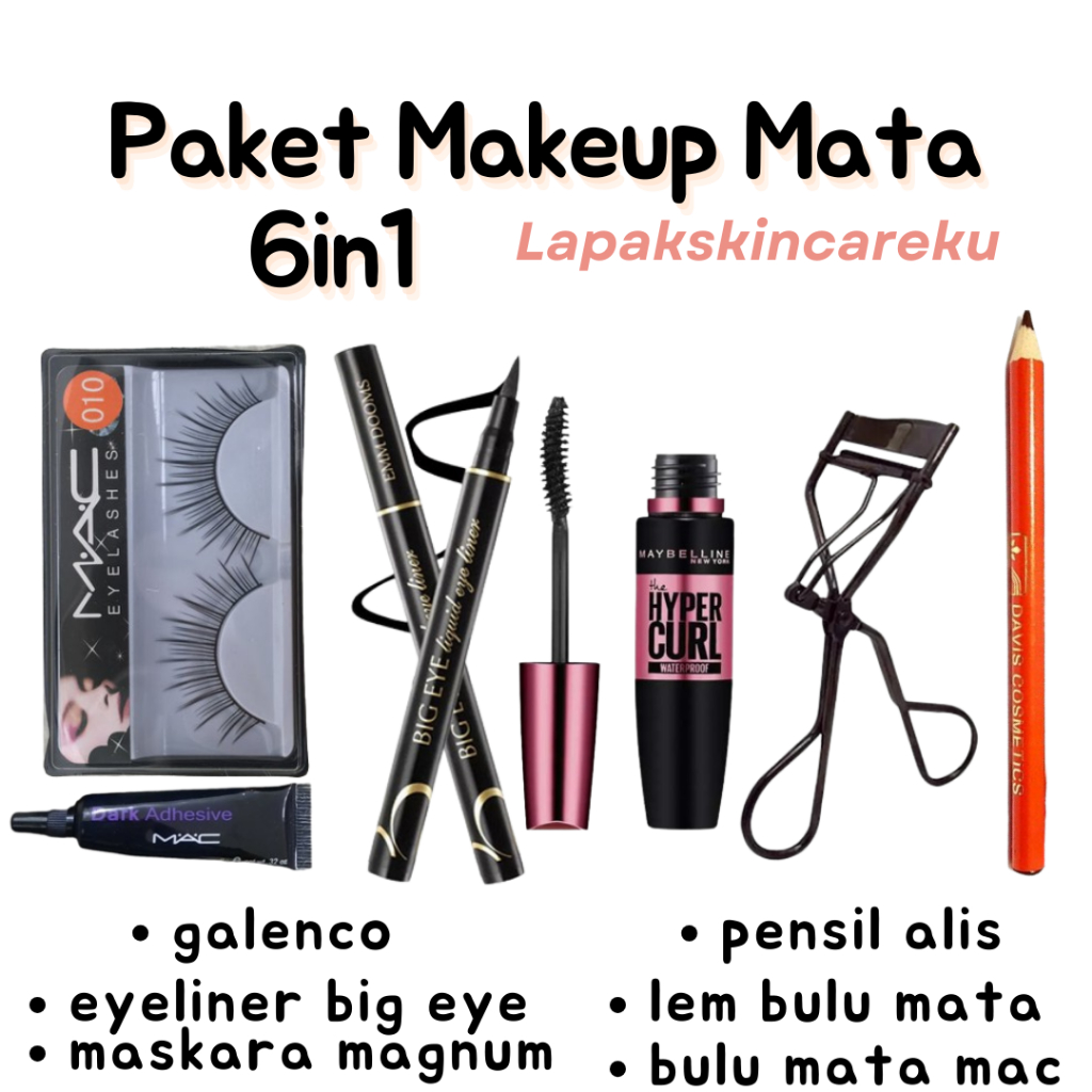 Paket MakeUp Mata 6 in 1 - Maskara - Eyeliner - Pensil Alis - Bulu Mata - Lem Bulu Mata - Penjepit B