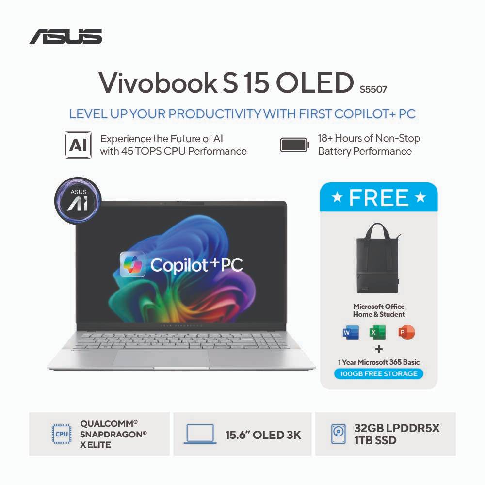 (EX DEMO DISPLAY) ASUS VIVOBOOK S 15 S5507QA-OLEDSH11M - Cool Silver [Snapdragon X Elite X1E 78 100 