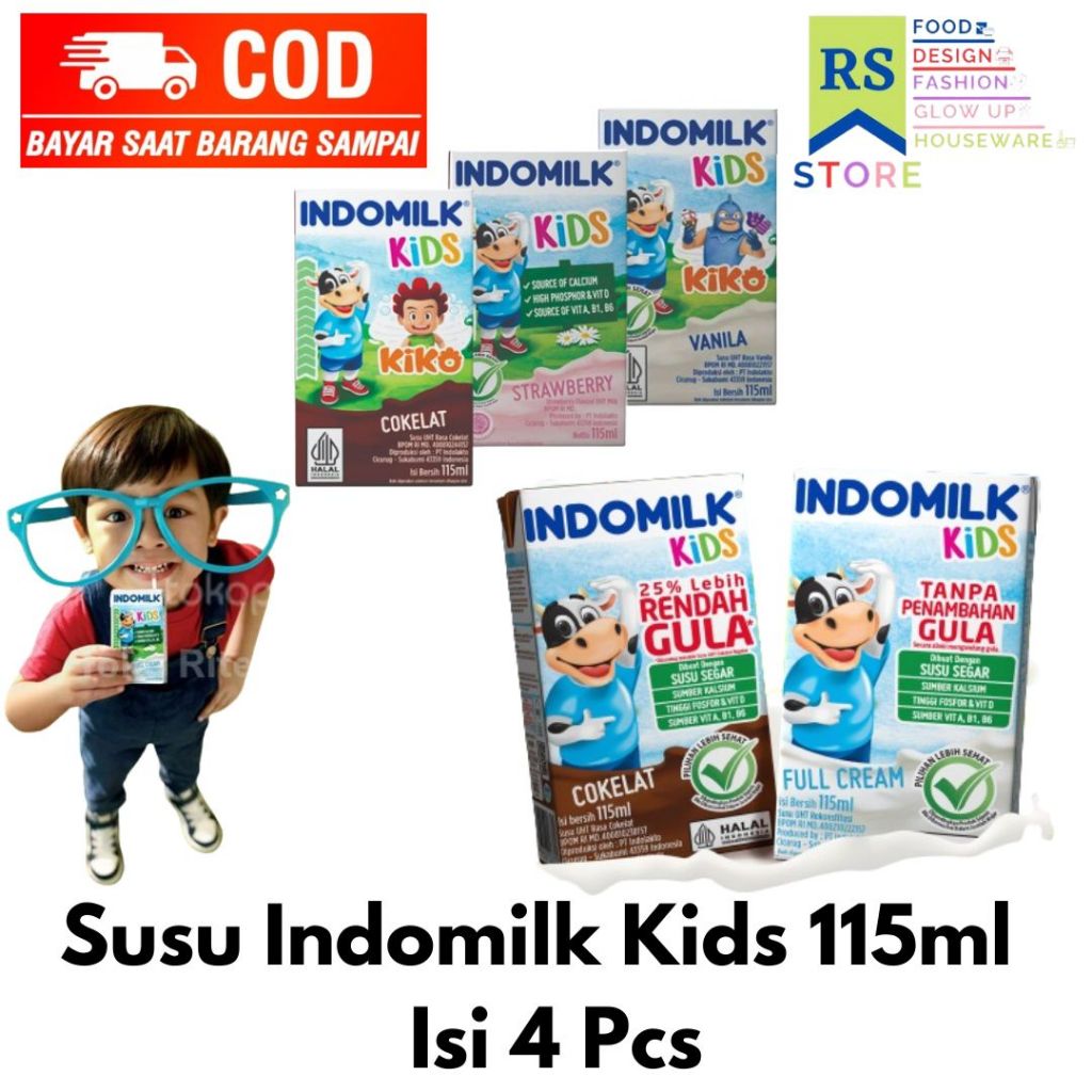 

susu indomilk kids susu uht isi 4 pcs cokelat rendah gula 115 ml susu uht indomilk kids 115ml rasa lengkap coklat strawbery vanilla full cream less sugar satuan - susu indomilk kids all varian 115m x 4pcs / indomilk susu uht kids choco 115mlx40 [1 karton]