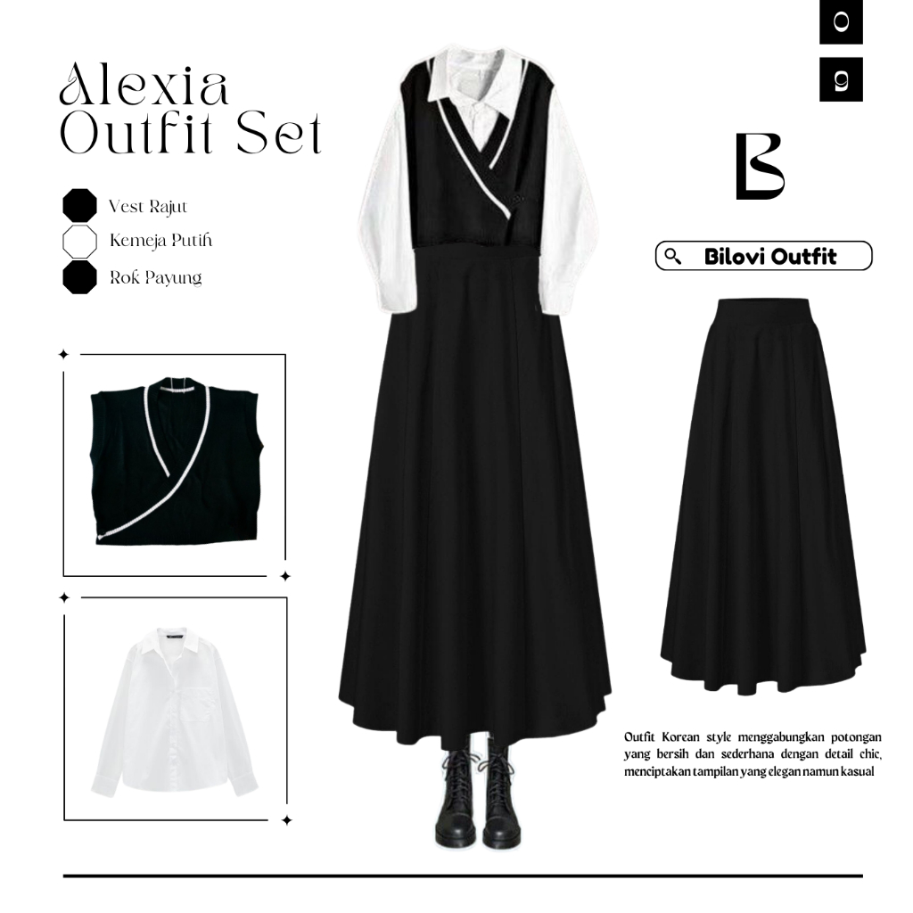 All Size - One set wanita korean style (Vest Rajut+Kemeja Putih+Rok Hitam) Set OOTD rok hijab | BV09