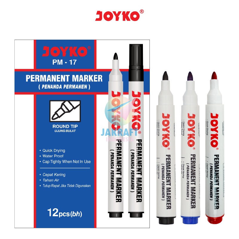 

(12 Pcs) GROSIR Spidol Permanen Tidak Bisa Dihapus JOYKO PM-17 Hitam Black / PM-18 Biru Blue / PM-19 Merah Red Permanent Marker | PACK