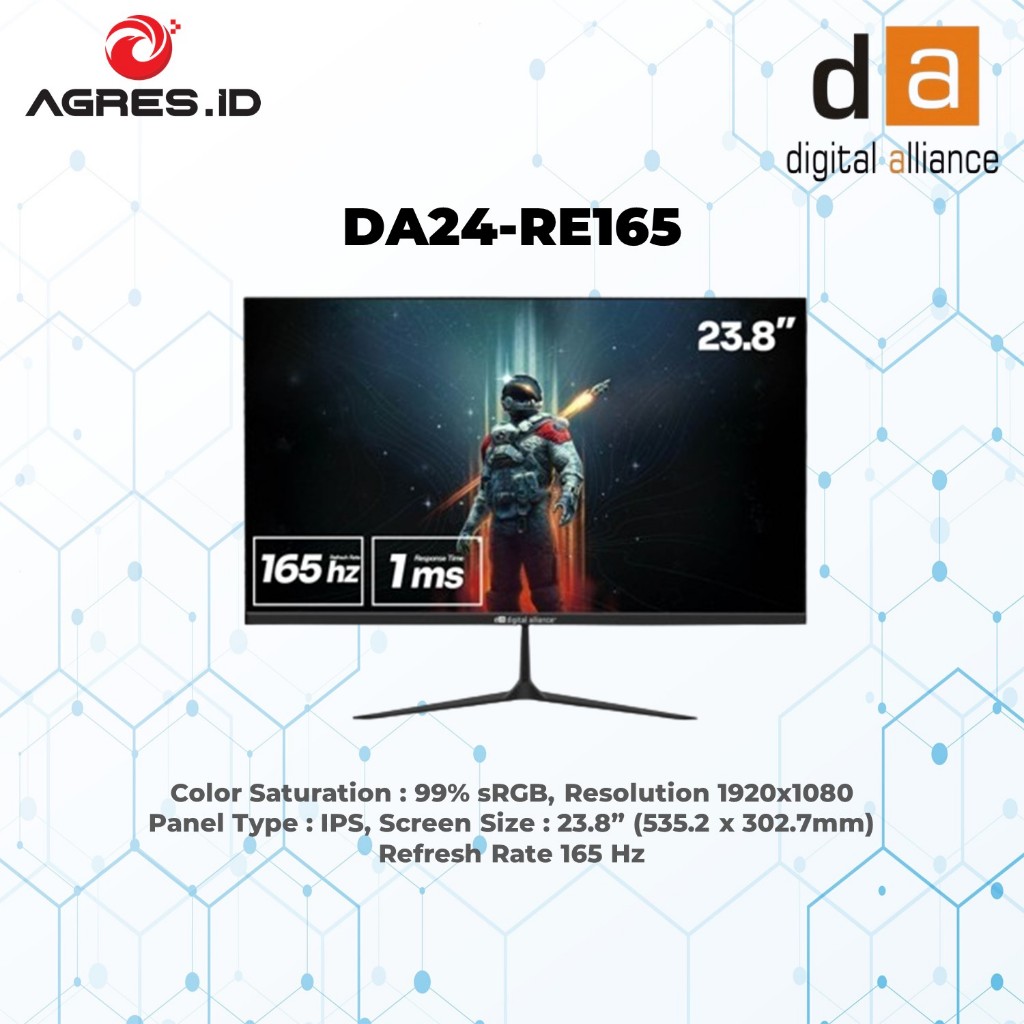 Monitor LED Digital Alliance 24" Inch 1080p FHD IPS 165Hz 1ms Adaptive Sync HDMI VGA 99% RGB DA24-RE