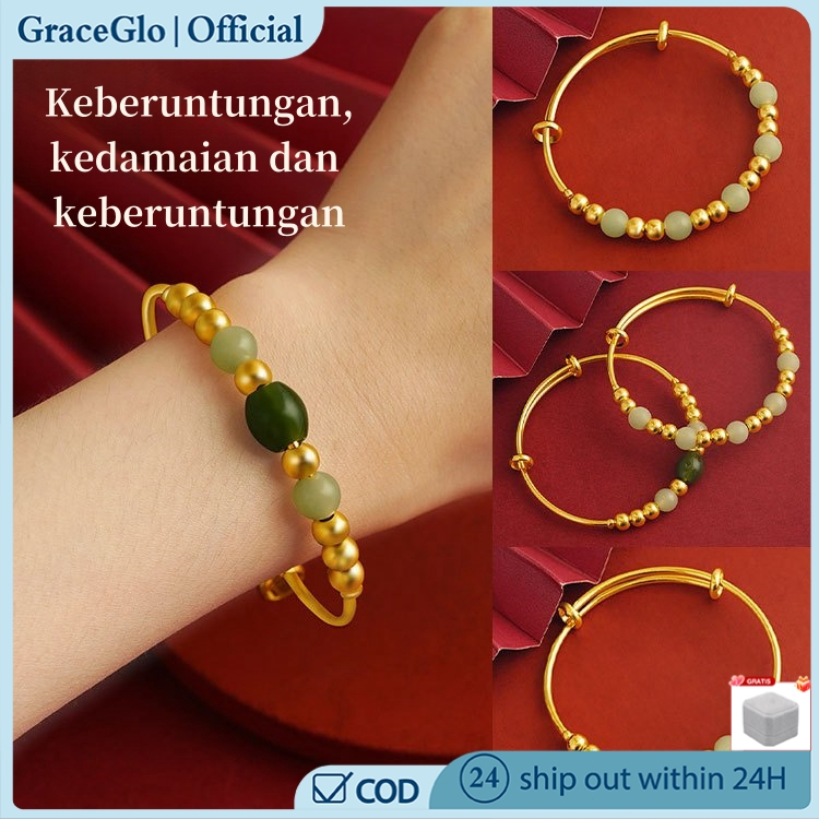 【100% Asli】Gelang Giok Lapis Emas Wanita China Giok Hijau Gelang Keberuntungan Giok Asli China Origi