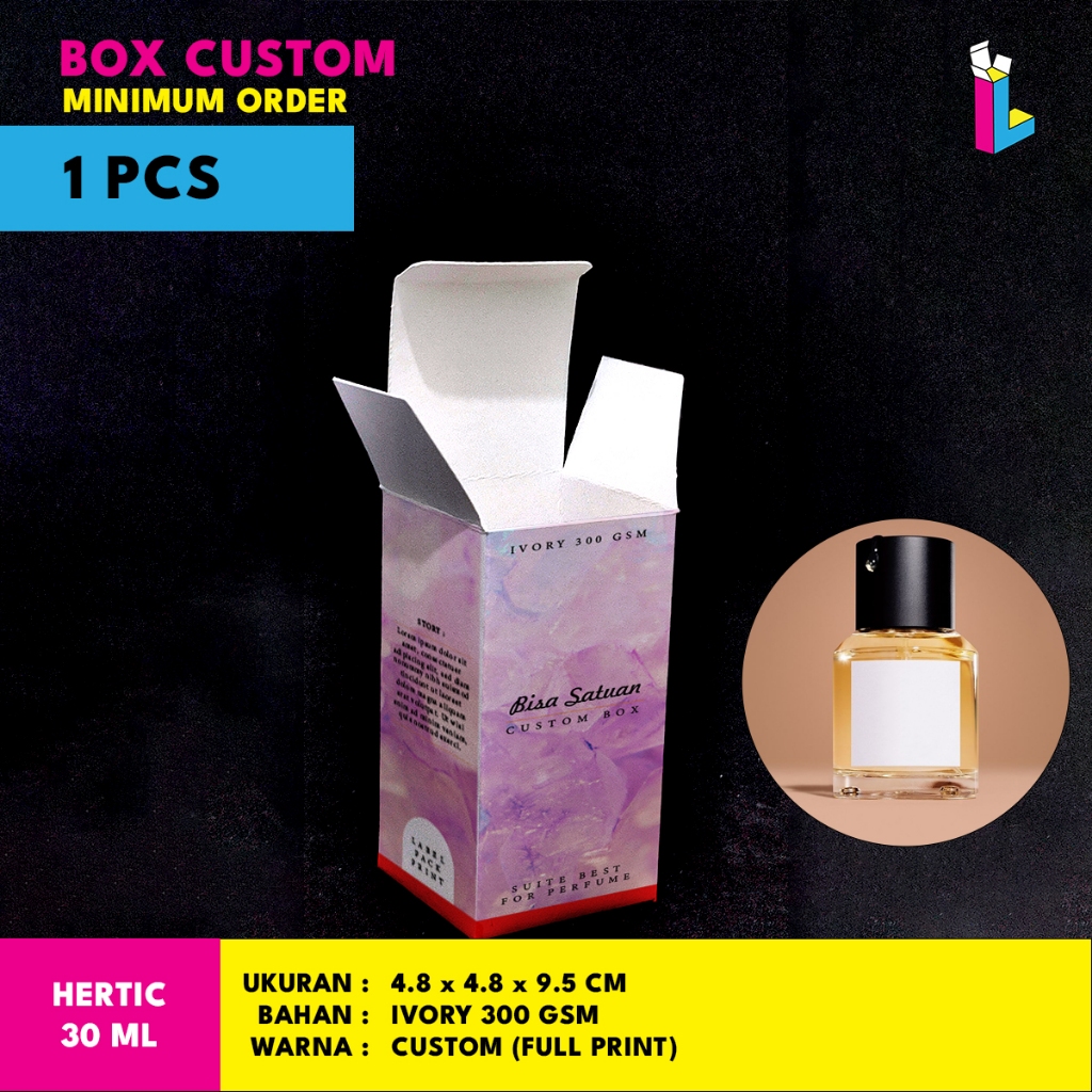 

Dus Kemasan / Box Botol Hertic 30ml 4,8 x 4,8 x 9,5cm Laminasi - Dus Kustom Bahan Ivory Tebal