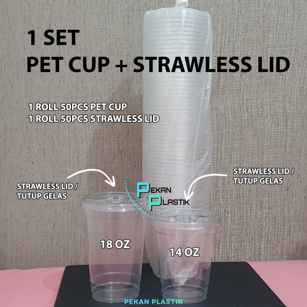 Gelas Cup Plastik PET + Tutup Tanpa Sedotan Straw Less | Strawless Lid Bening isi 50 set