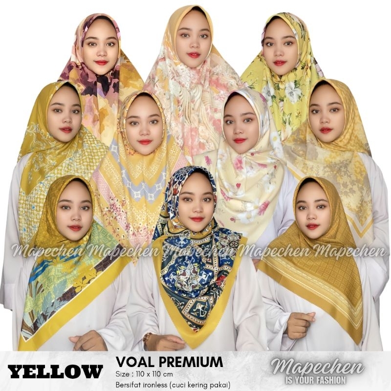 Hijab VOAL MOTIF Jilbab Lemon Lime Mustard Kuning Kunyit Segiempat LaserCut